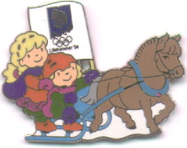 Mascots Kristin and Håkon with a horse and sledge