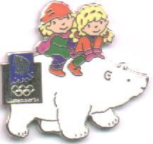 Kristin and Håkon the mascots, on a polar bear